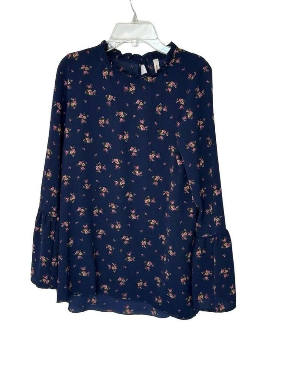 Orange Creek boho navy floral long sleeved blouse with ruffle collar and hem.
